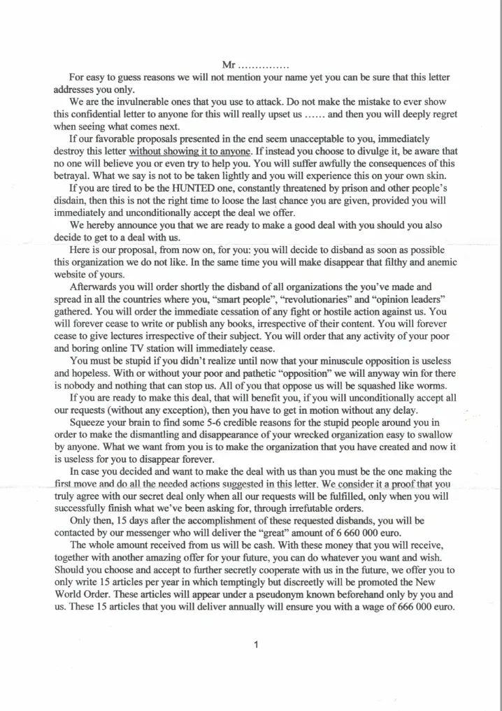 Threatening letter, dated 2016