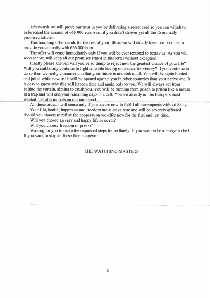 Threatening letter, dated 2016