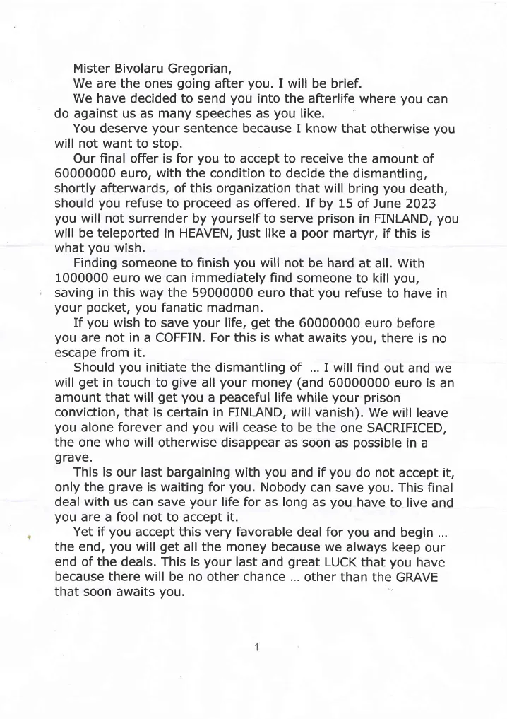 Threatening letter, dated 2022