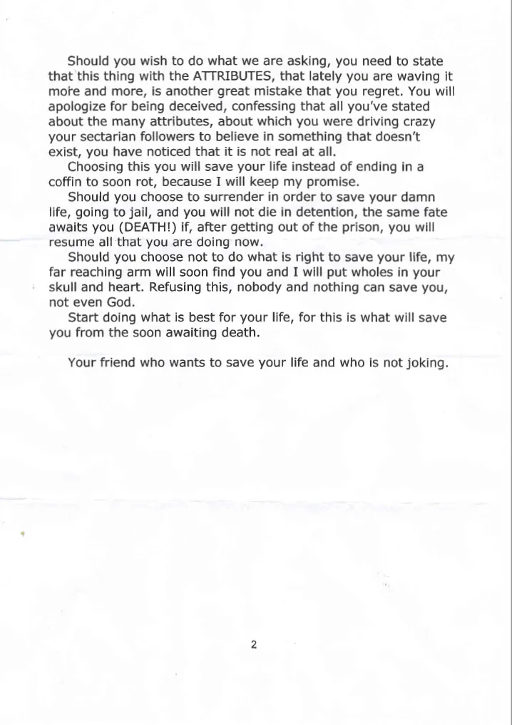 Threatening letter, dated 2022